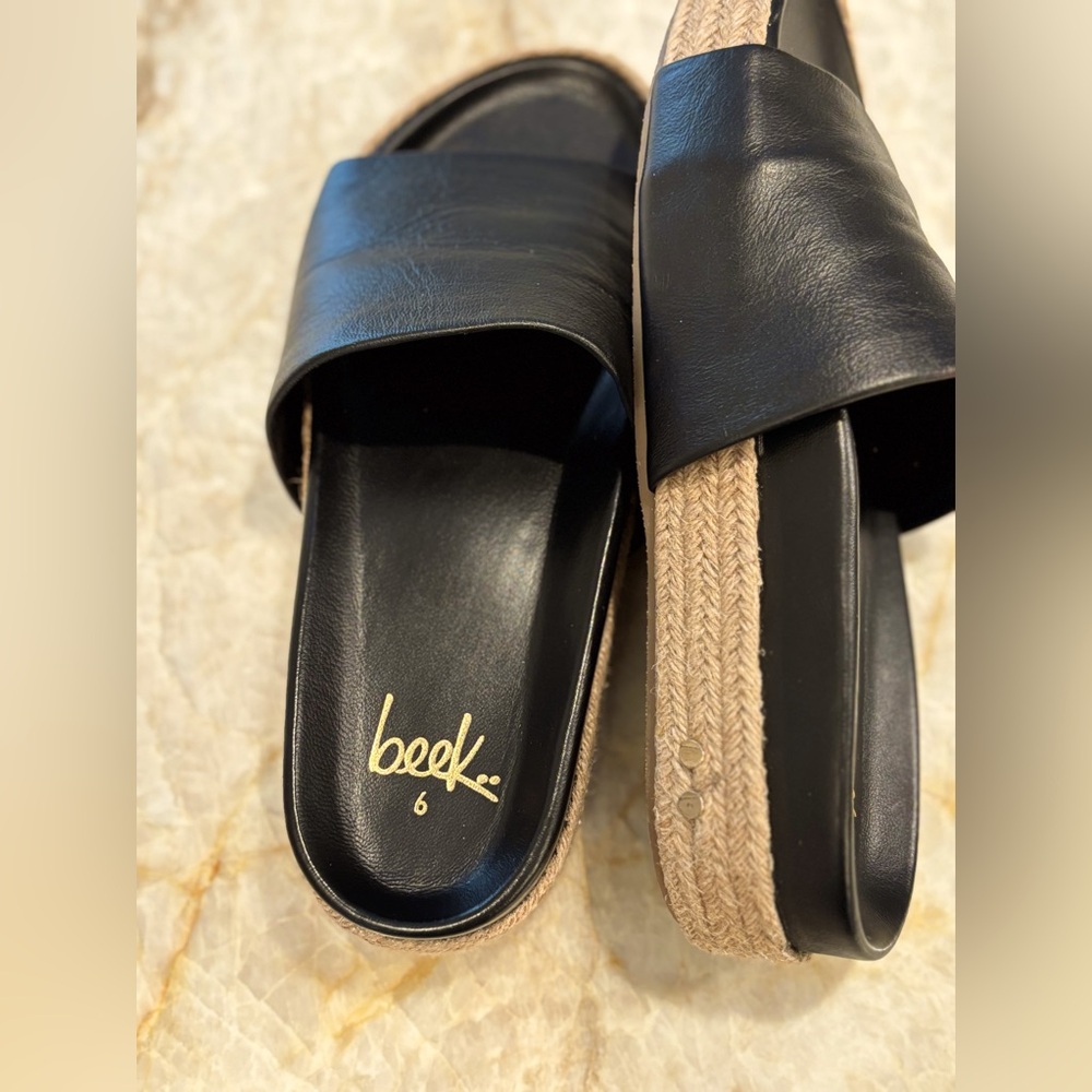 Brand new in box Beek Pelican Jute sandals. Size 6. Black leather.
